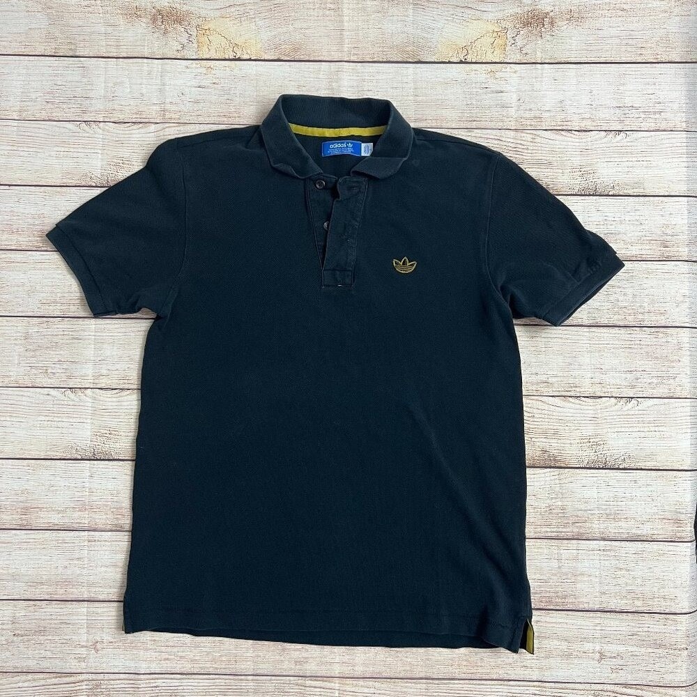 Adidas Originals Polo Shirt Mens Small Black Gold Trefoil Logo Pique Knit Casual